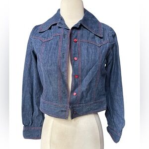 1970s Blue Denim w/Red Stitching Bright Red Front Button Pointed Collar Crop Jac